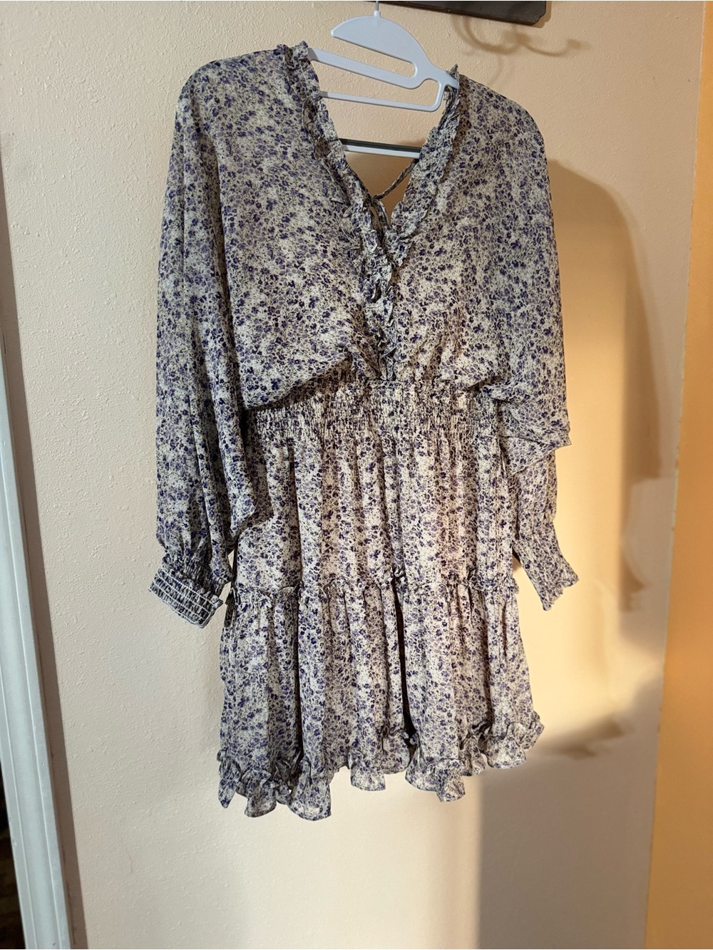She + Sky Cream and Lavender Floral Tie-Neck Mini Dress